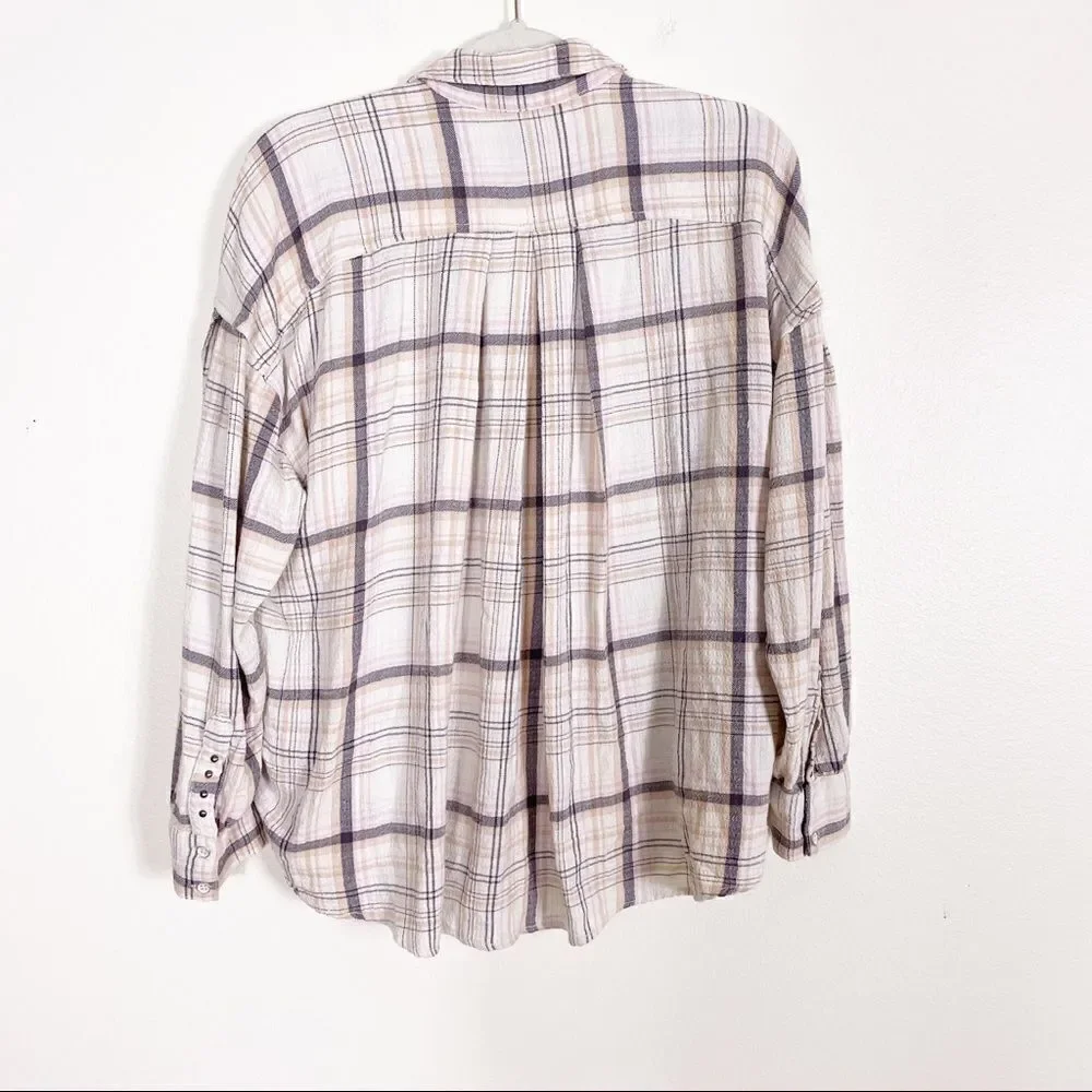 We The Free Free People White w/‎ Tan, Grey, & Pink Plaid Oversized Long Sleeve